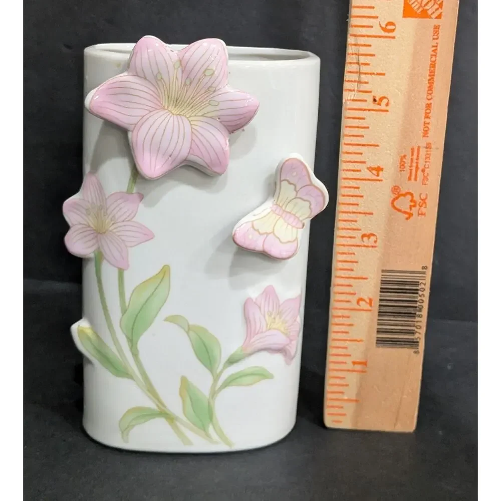 Vintage 3D Porcelain Bud Vase Pink Lily Butterfly Applied Flower Ceramic 5.5